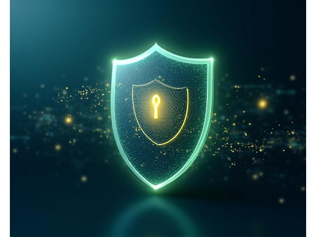 Abstrakte Darstellung von Datenschutz und DSGVO-Konformität mit Datensicherheitssymbolen und Schutzschild.