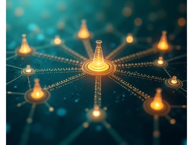 Abstrakte Visualisierung eines Datennetzwerks und sicherer Verbindungen zwischen verschiedenen Knotenpunkten, die eine vertrauenswürdige Datenweitergabe symbolisieren.