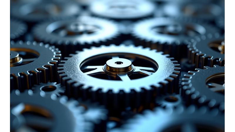 Illustration eines komplexen, aber harmonischen Zahnradsystems, das verschiedene Finanzdienstleistungssegmente als Zahnräder darstellt, die perfekt ineinandergreifen.