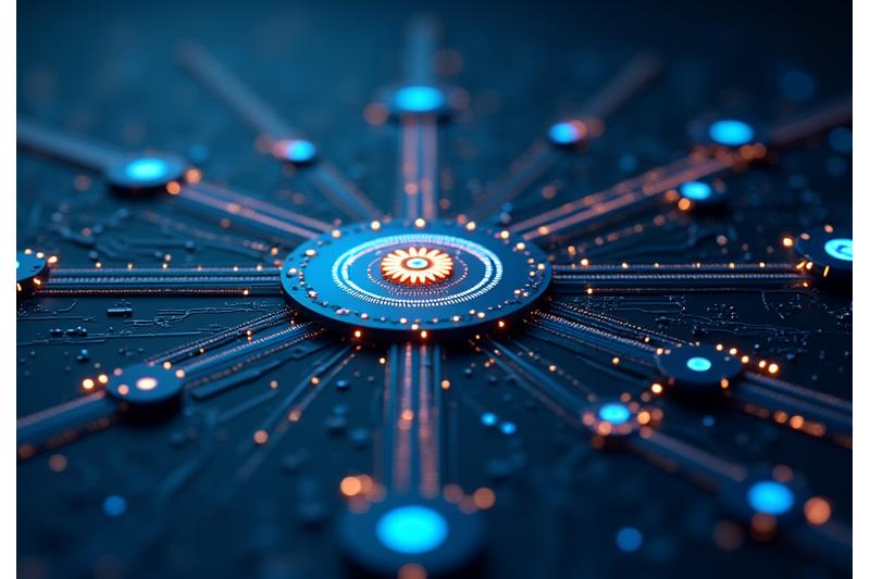 Ein komplexes, digitales Fließschema, das automatisierte Finanzprozesse darstellt, mit Zahnrädern und Pfeilen