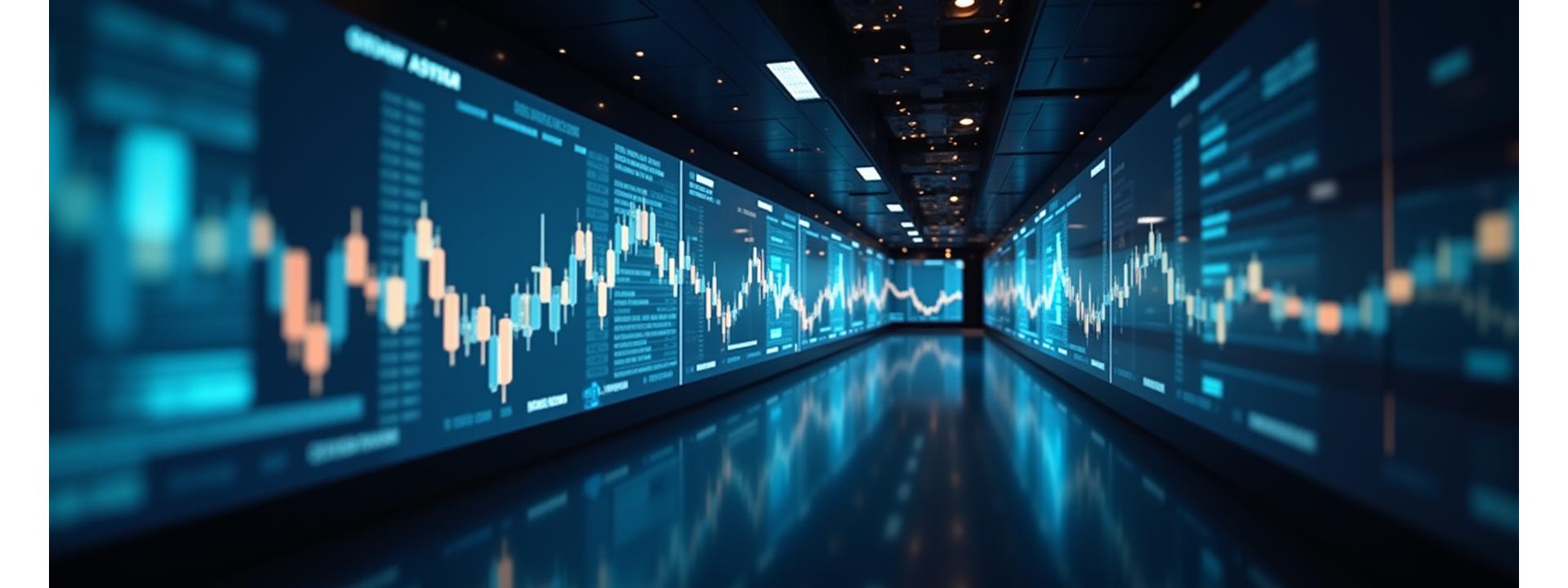 KI-gestützter Finanzmarkt-Überblick mit digitalen Diagrammen auf einem futuristischen Bildschirm