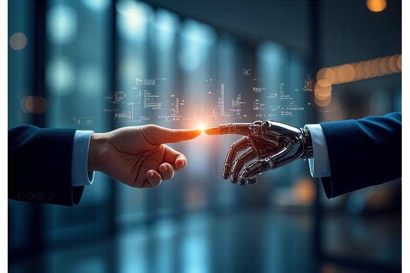 Zweihände, eine menschliche Hand und eine digitale, robotische Hand, berühren sich über einem Finanzgraphen, symbolisierend die Synergie von Mensch und Technologie
