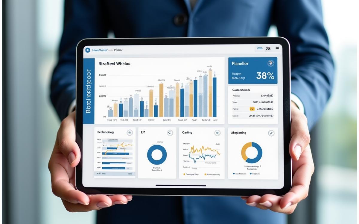 Ein Bildschirm zeigt ein umfassendes digitales Wealth Management Dashboard mit Finanzdaten und Grafiken auf einem Tablet