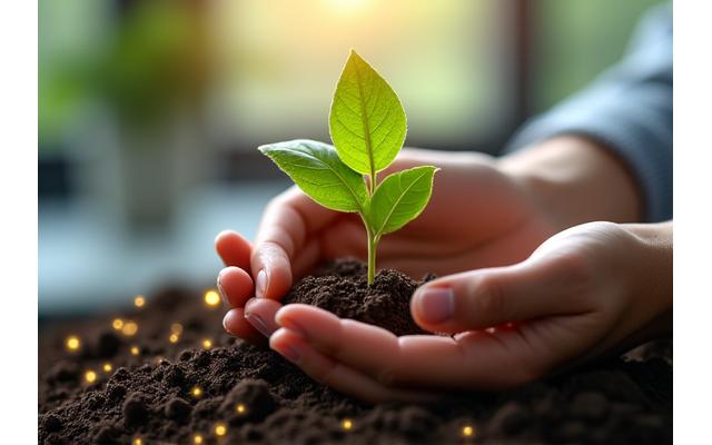 Hand, die einen Baum setzt, umgeben von Finanzdiagrammen, die Wachstum und Nachhaltigkeit symbolisieren.