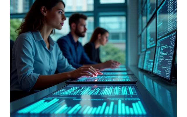 Ein Forscherteam analysiert Daten auf Bildschirmen, die ESG-Metriken und globale Nachhaltigkeitsindikatoren zeigen.