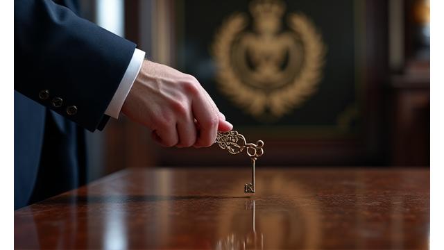 Elegante, diskrete Concierge-Dienste visualisiert durch eine Hand, die einen Schlüssel überreicht, im Hintergrund ein antikes Familienwappen.