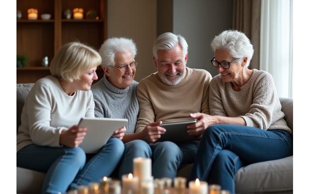 Eine lächelnde Familie aus drei Generationen, die in einem hellen, eleganten Wohnzimmer sitzt und sich unterhält