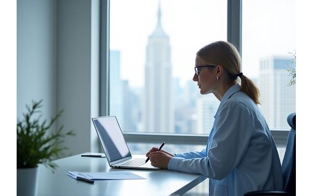 Ein Arzt in einem modernen Büro sitzt an seinem Schreibtisch mit Laptop und blickt nachdenklich in die Ferne