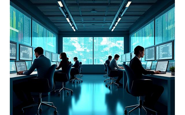 Blick über eine moderne Büroetage mit mehreren Personen, die an Laptops arbeiten, im Hintergrund ein großes Fenster mit Blick auf eine Stadtkulisse