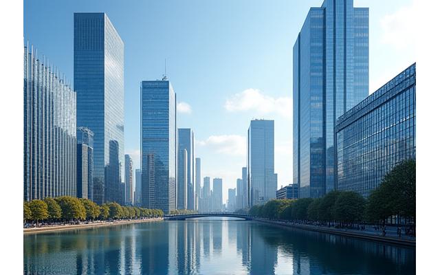 Blick auf Frankfurter Skyline mit modernen Bürogebäuden und einem Fluss im Vordergrund