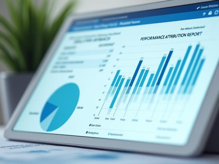 Ein Dashboard, das Performance-Attribution und Risiko-adjustierte Renditen übersichtlich darstellt.