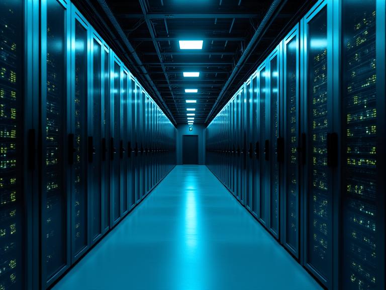 Eine moderne, beleuchtete Serverfarm oder ein Netzwerk-Hub, der technologische Infrastruktur symbolisiert.