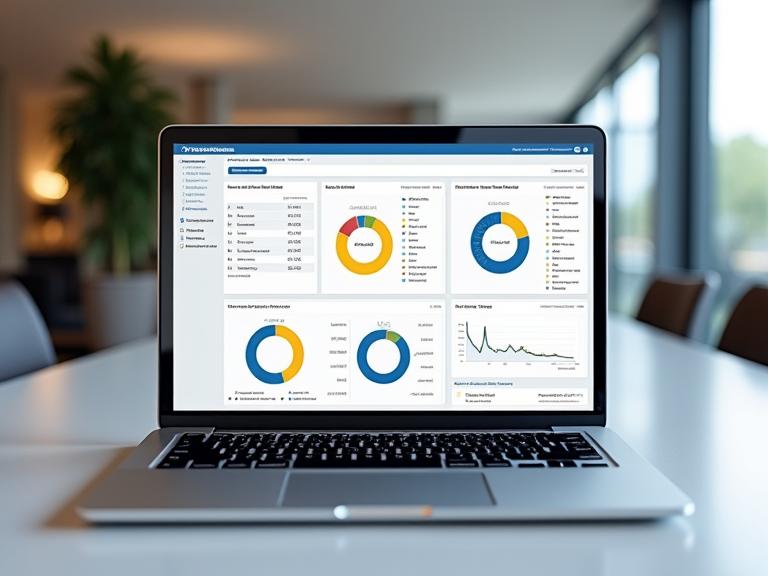Ein geöffneter Laptop, der eine Übersicht eines Online-Kundenportals mit Finanzdaten und Diagrammen zeigt.
