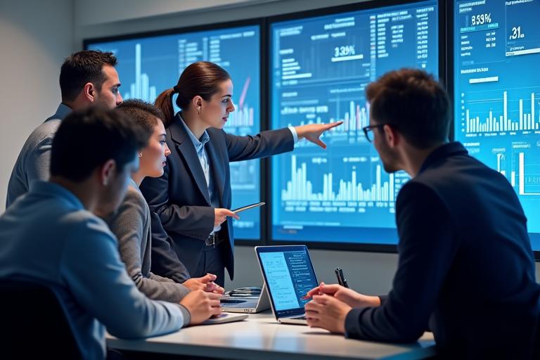 Ein Team von Finanzanalysten, die Konzentriert vor mehreren Bildschirmen arbeiten, auf denen komplexe Daten und Diagramme zu sehen sind, vermittelt den Eindruck sorgfältiger Analyse.