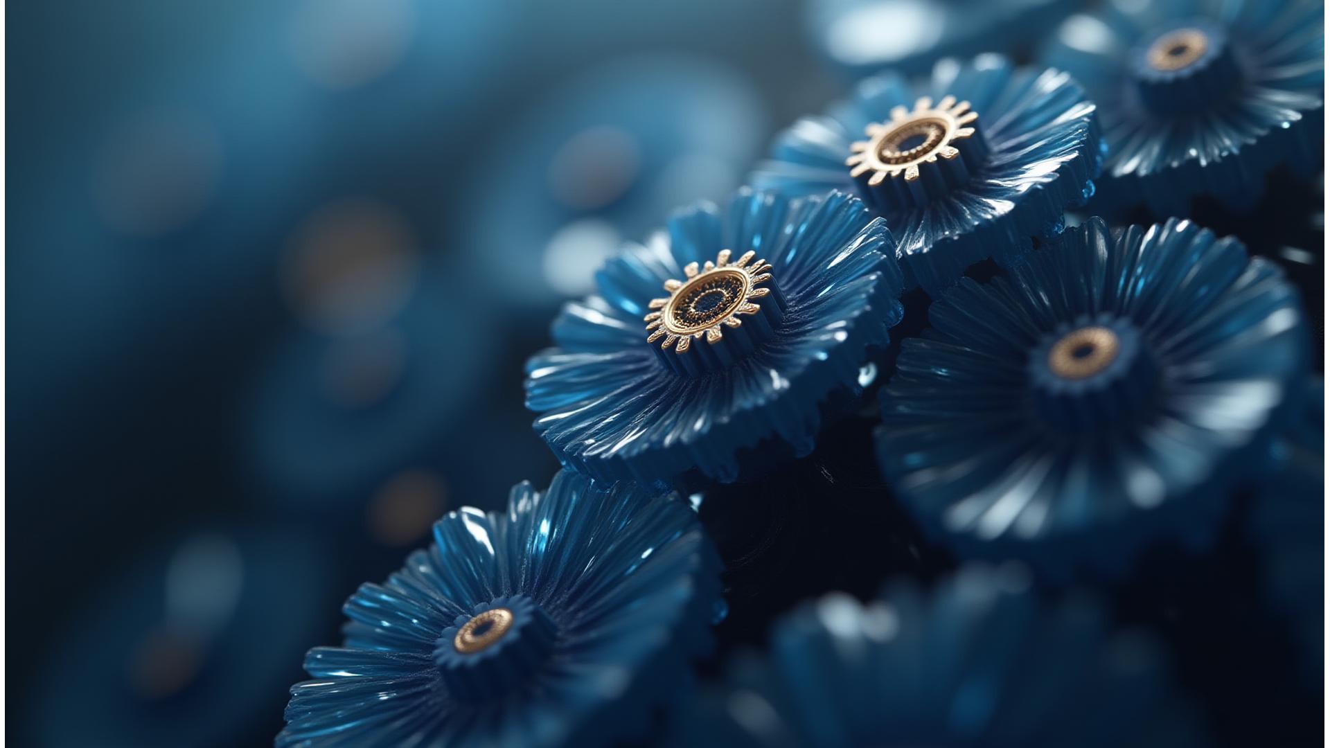 Stark vergrößerte Aufnahme von stilisierten Zahnrädern in Blau- und Goldtönen, die Komplexität und Präzision symbolisieren.