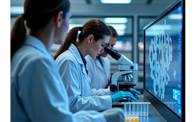 Wissenschaftler in Laborkitteln arbeiten an Mikroskopen und Laborgeräten. Fokus auf Forschung und Entwicklung in einer sauberen Umgebung.