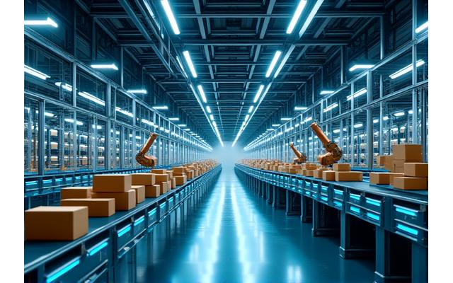 Großes, automatisiertes Lager mit modernen Förderbändern und Robotern, die Pakete sortieren. Effiziente und aufgeräumte Ästhetik.