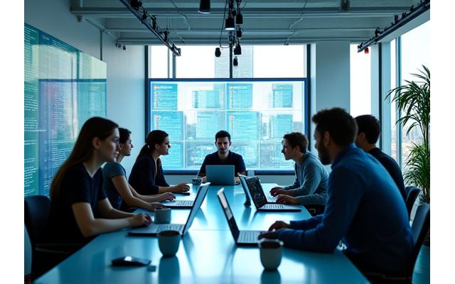 Moderne Büroumgebung mit jungen, dynamischen Teammitgliedern, die an Laptops und Whiteboards arbeiten. Helle Farbtöne und viel natürliches Licht.
