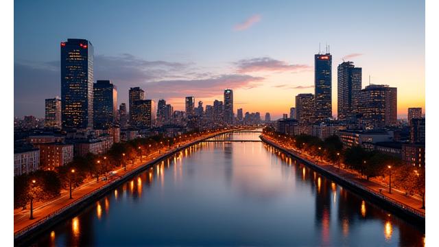 Panoramablick auf die Frankfurter Skyline bei Sonnenuntergang, symbolisiert Stabilität und Wachstum im Finanzsektor.