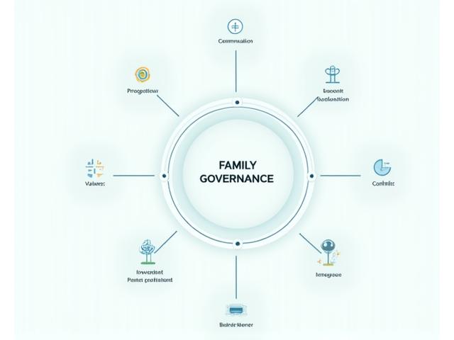 Ein klares, modernes Infografik-Diagramm, das die verschiedenen Komponenten von Family Governance visualisiert: Kommunikation, Werte, Bildung, Entscheidungsfindung und Vermögensverwaltung, verbunden durch Linien und Icons.