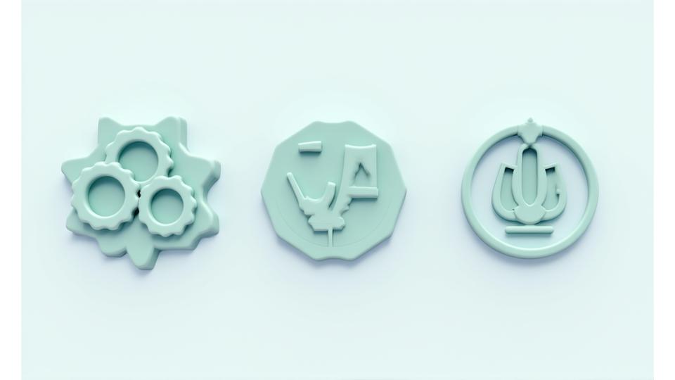 Drei symbolische, stilistisch unterschiedliche Icons oder Grafiken, die die verschiedenen Fallstudien (Familienunternehmen, Ärztepraxis, internationale Familie) repräsentieren, um Wachstum und Lösungen darzustellen.