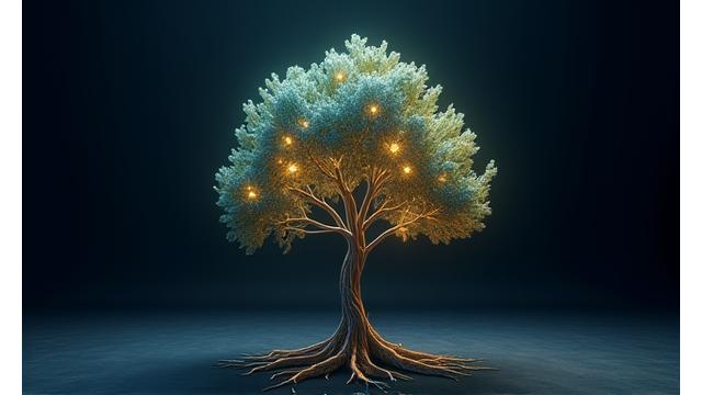 Stilisierter Baum des Lebens mit wachsenden Blättern und Wurzeln, der Generationsübergreifende Vermögensplanung symbolisiert.